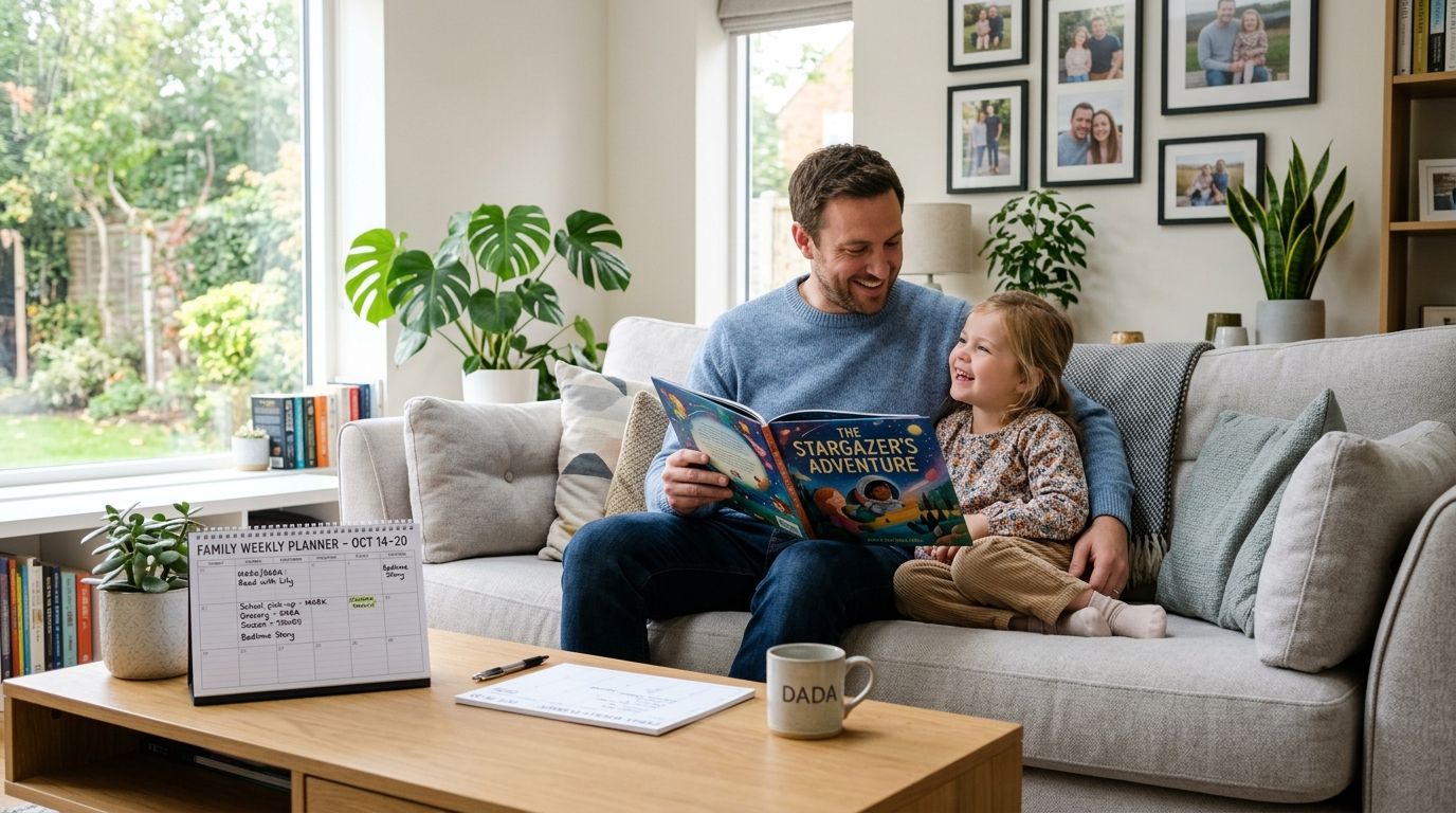 A happy father reading a space-themed storybook to his young daughter on a cozy living room sofa.
