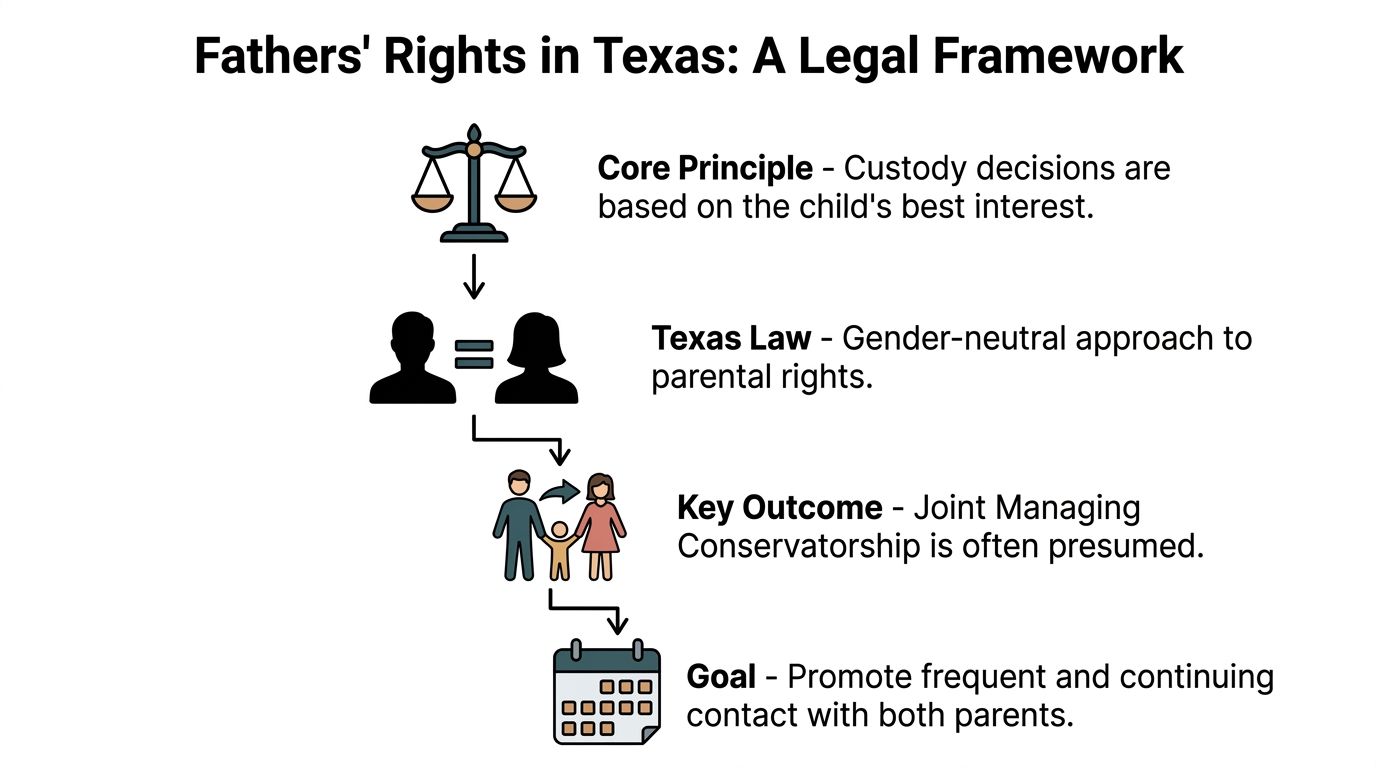 A flowchart infographic explaining the legal framework and principles of fathers' rights in Texas custody cases.