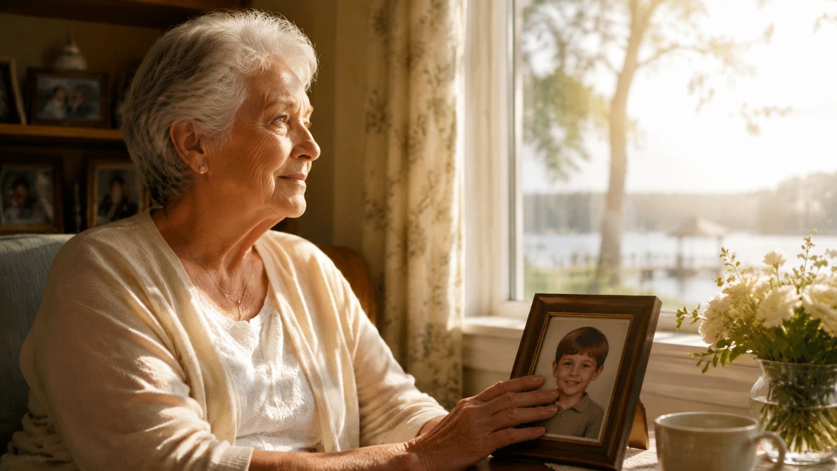 An elderly woman smiling while looking out a sunlit window and holding a framed portrait of her grandson.