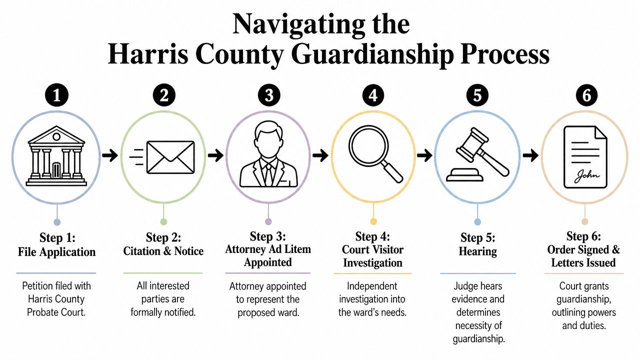 A six-step infographic detailing the legal guardianship process within the Harris County probate court system.