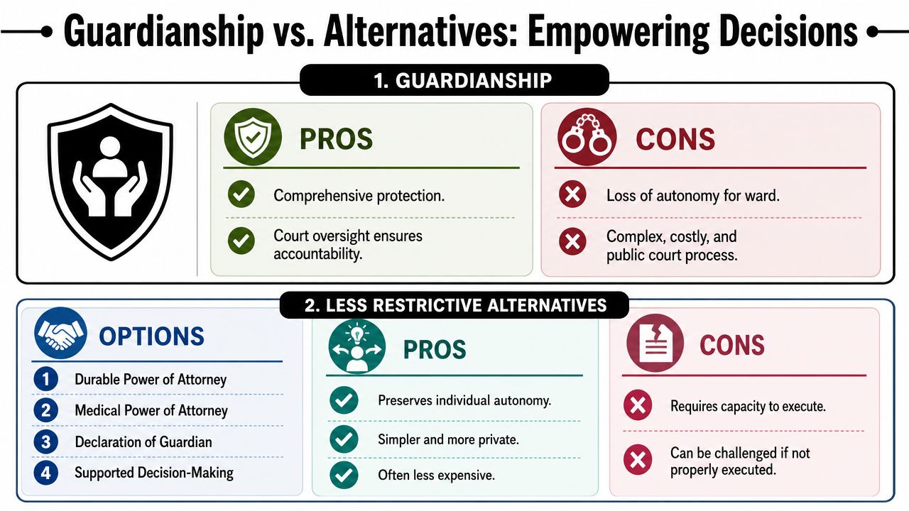 A comparison chart outlining the pros and cons of legal guardianship versus less restrictive decision-making alternatives.