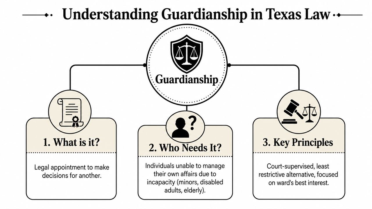 A visual guide summarizing the legal concept of guardianship under Texas law in three core sections.