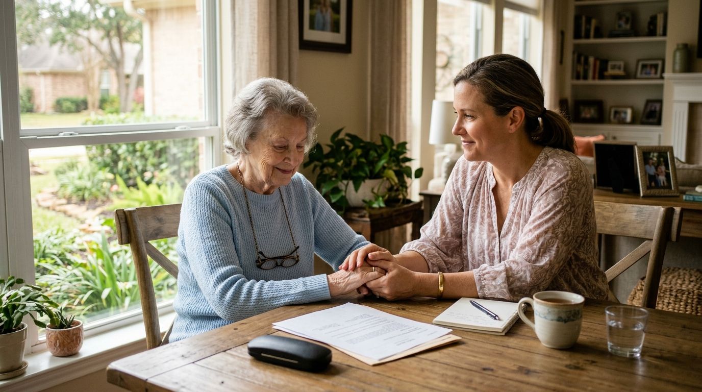 A caring woman holds the hands of an elderly woman at a table during a supportive conversation.