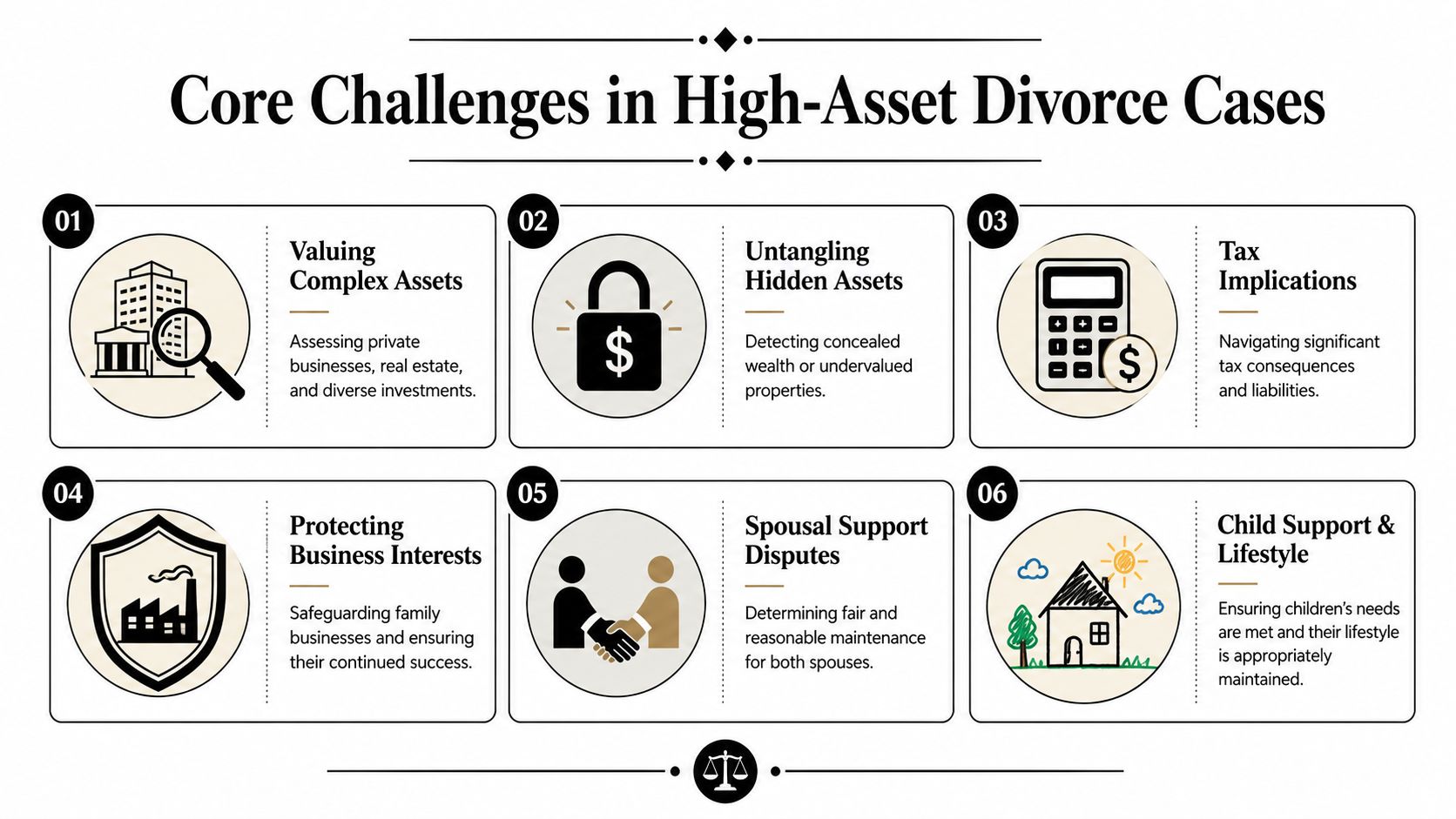 An infographic detailing six core challenges in high-asset divorce cases, such as asset valuation and spousal support.