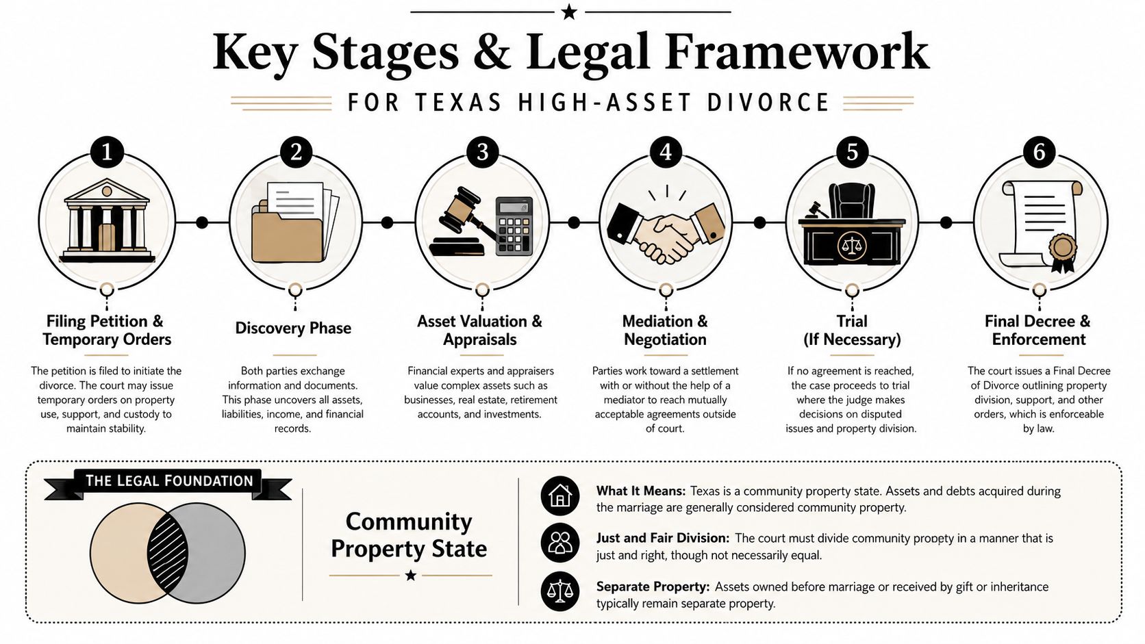 A diagram outlining the six key stages and legal framework of a high-asset divorce in Texas.