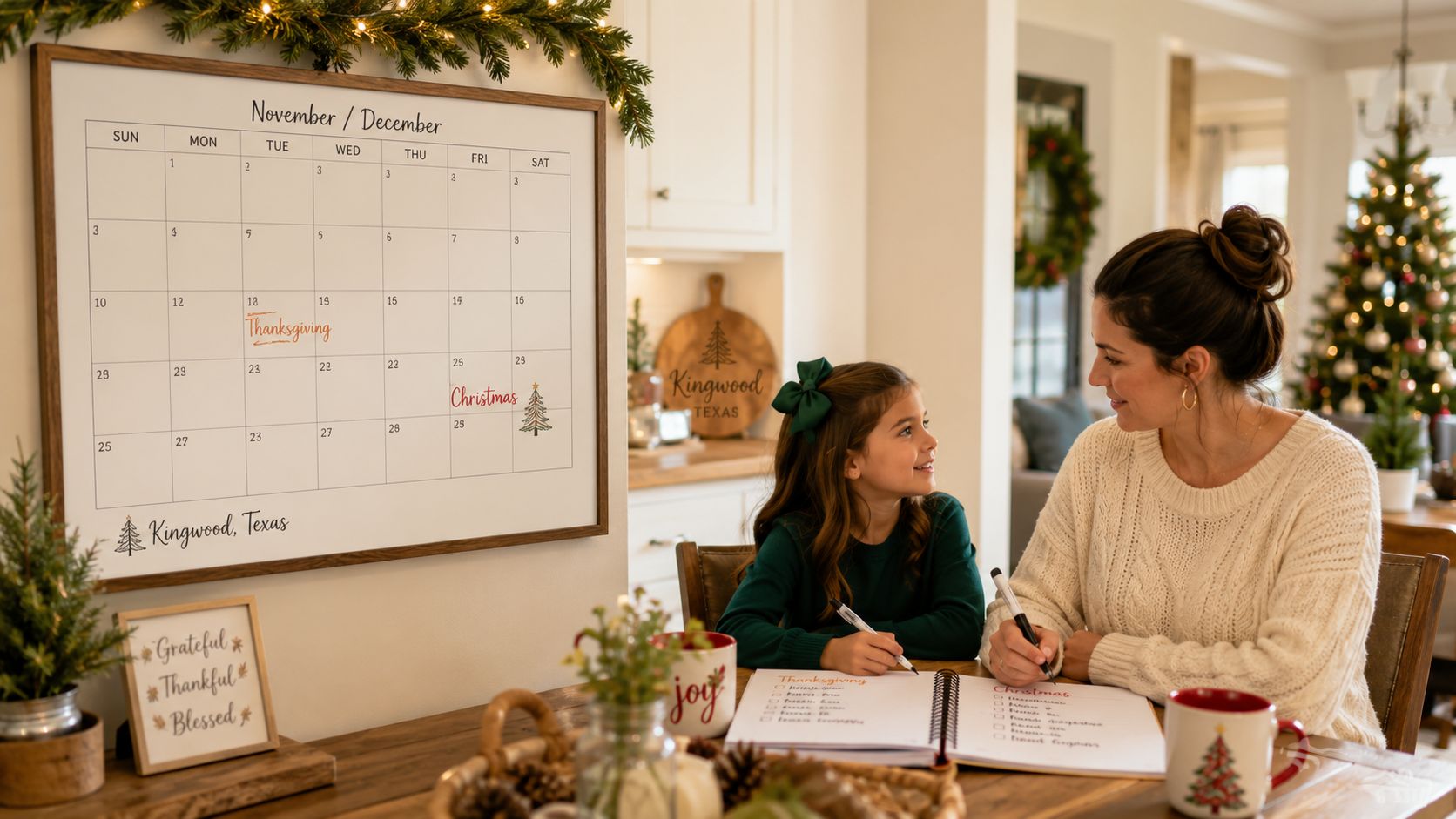 A mother and daughter plan holiday activities together using a calendar and planner in a kitchen.