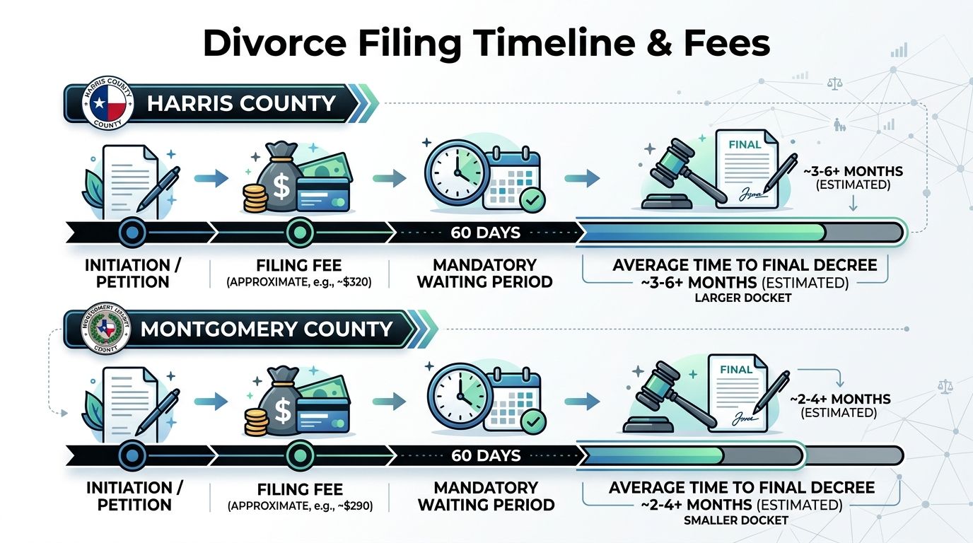 A comparison chart showing divorce filing timelines and estimated court fees for Harris and Montgomery counties.