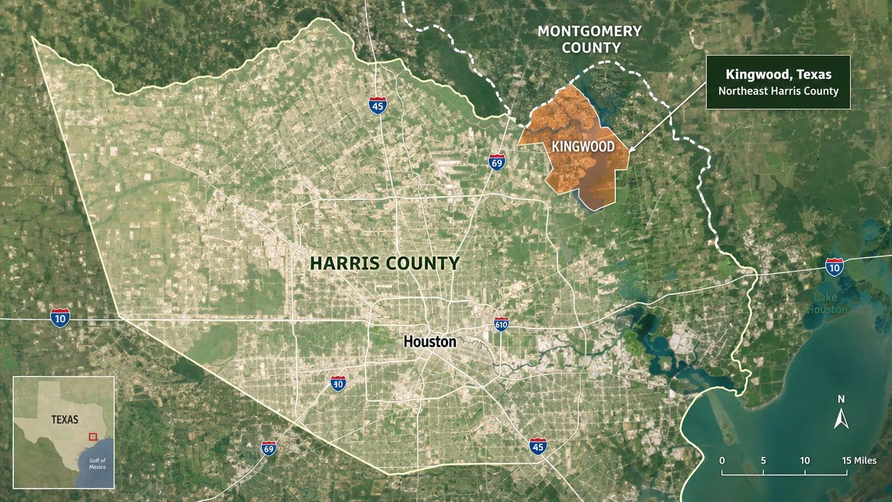 Satellite map showing Kingwood, Texas located within Northeast Harris County and near Montgomery County.