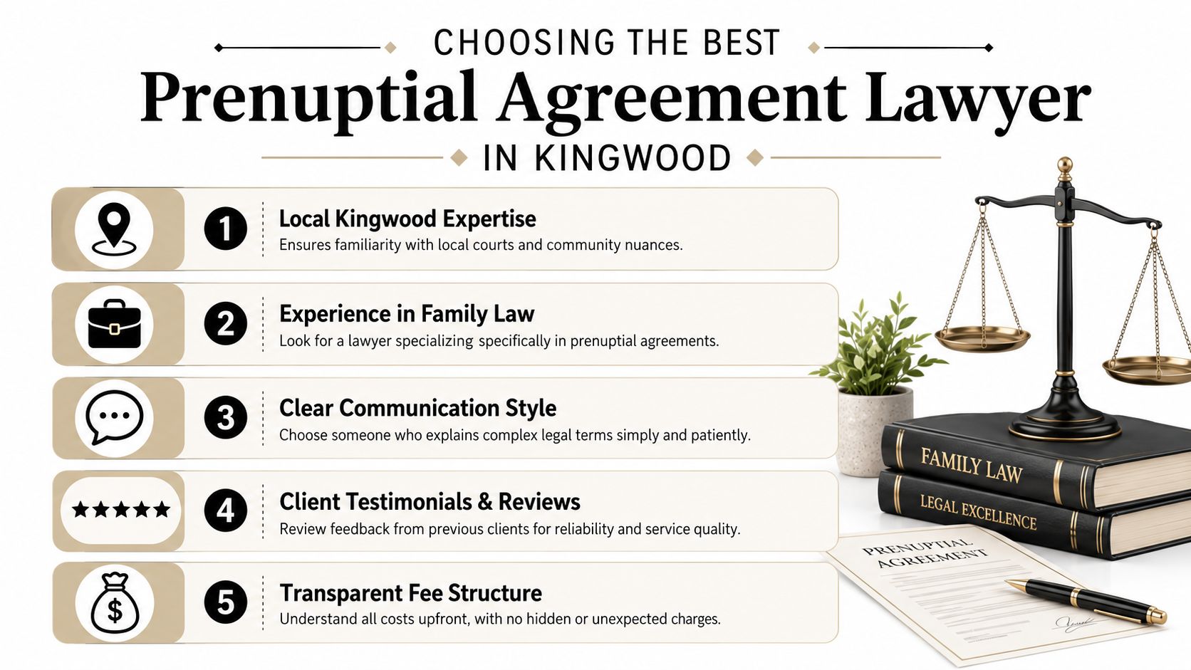 A five-point guide on how to choose the best prenuptial agreement lawyer in Kingwood, Texas.