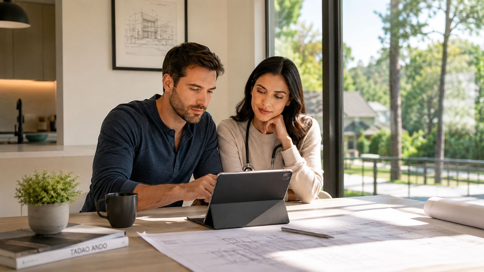 A professional couple reviews architectural plans on a tablet in a modern home office setting.