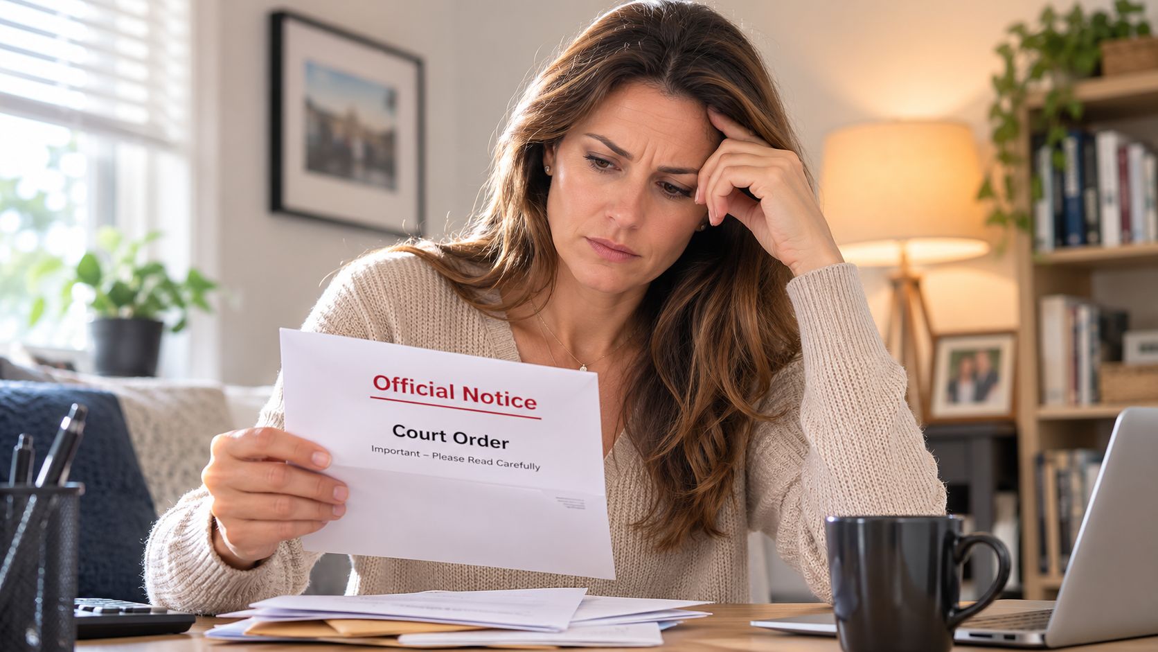 A concerned woman sitting at a desk while reading an official court order legal document at home.