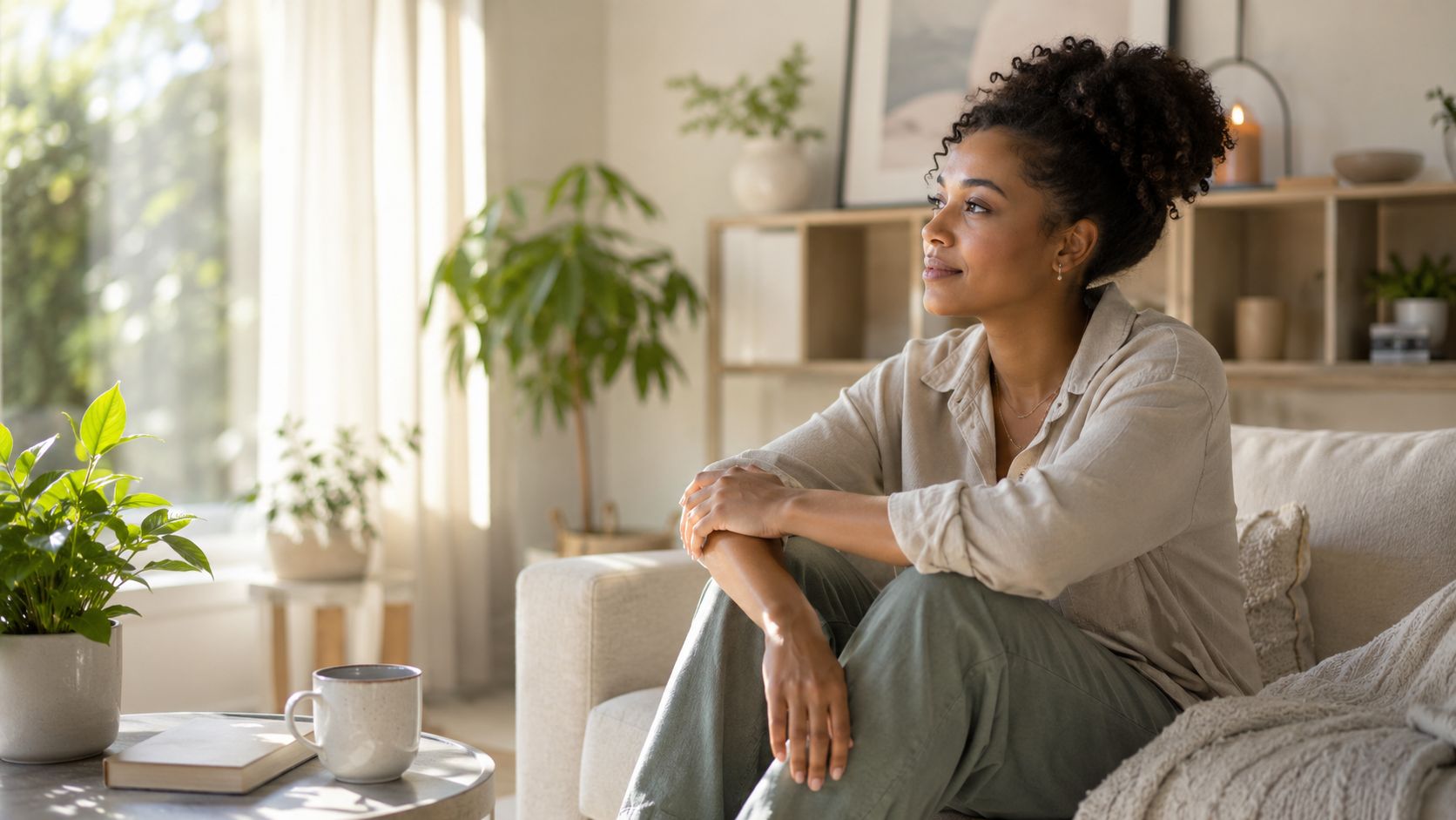 A peaceful woman with curly hair sitting on a couch, looking out a bright window at home.