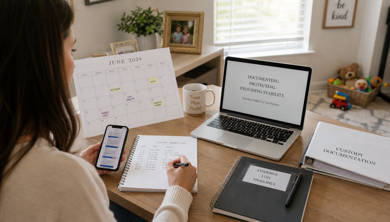 A person organizes custody documentation with a calendar, laptop, and logbook on a wooden desk at home.