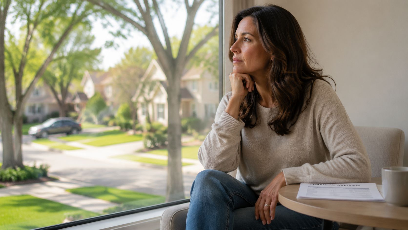 A pensive woman sits by a window looking out at a quiet residential neighborhood while considering finances.