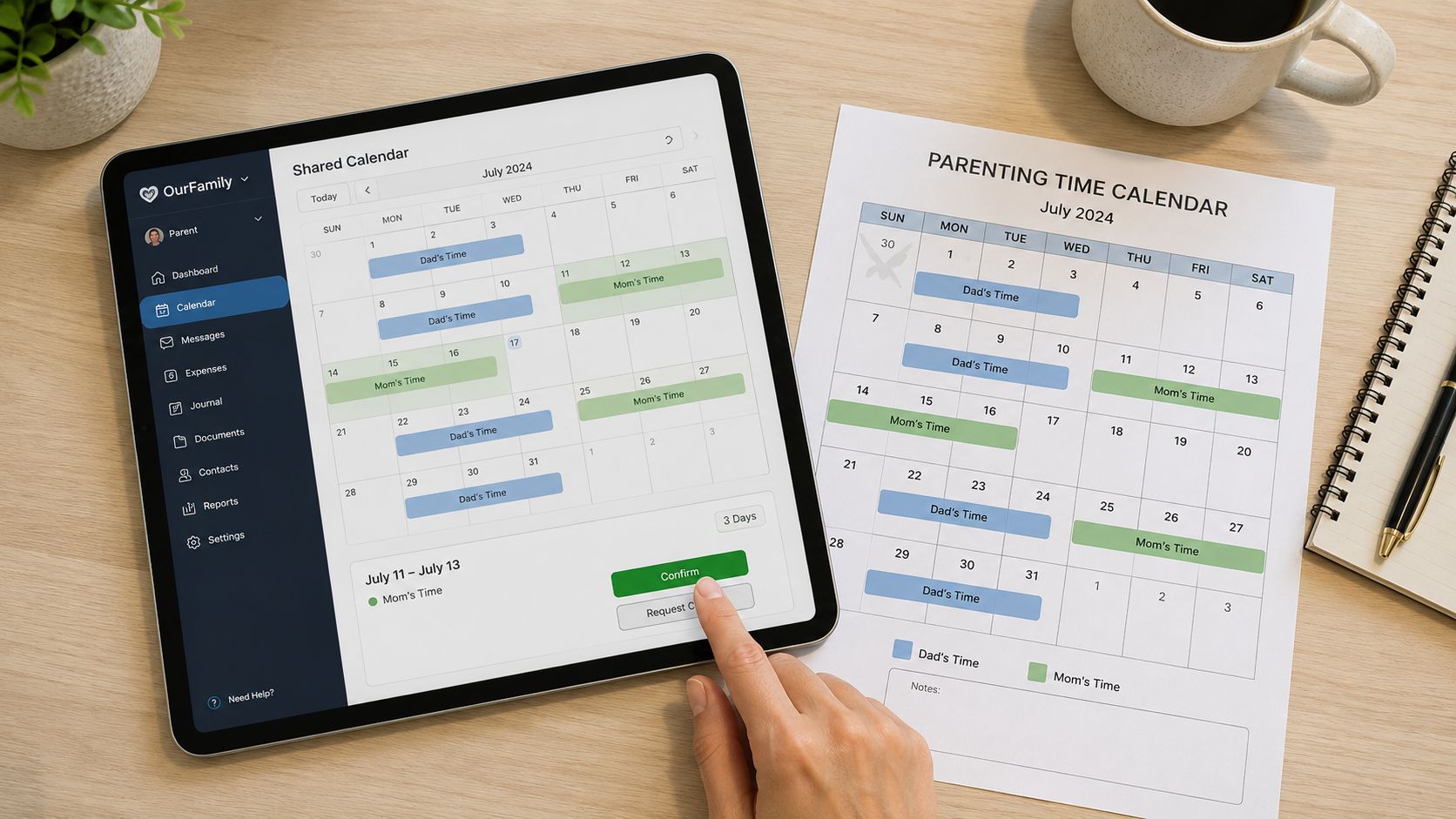 A hand using a tablet to confirm a parenting time schedule alongside a printed July 2024 calendar.
