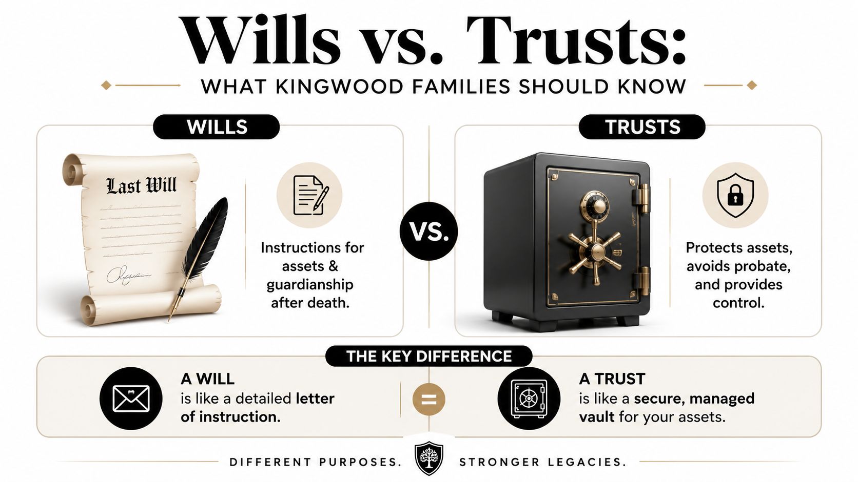 An infographic comparing the differences between wills and trusts for families in Kingwood, Texas.