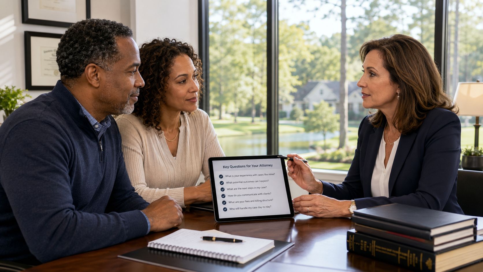 A professional attorney discussing legal questions with a couple during a consultation in her office.