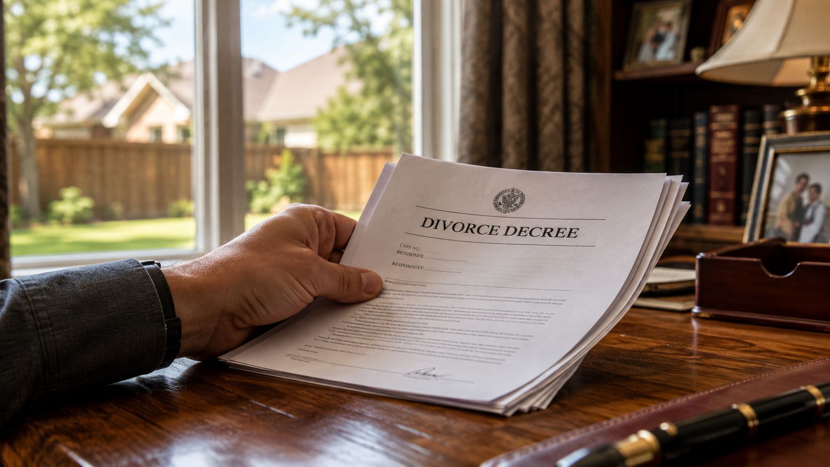 A person sitting at a wooden desk holding a document titled divorce decree in their hand.