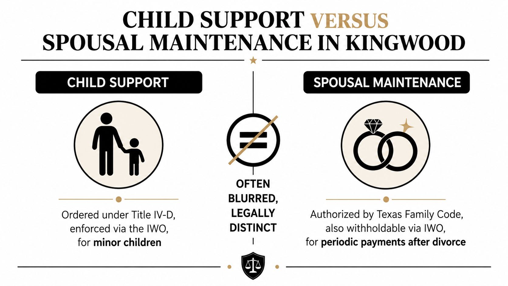 An infographic explaining the legal differences between child support and spousal maintenance payments in Kingwood, Texas.