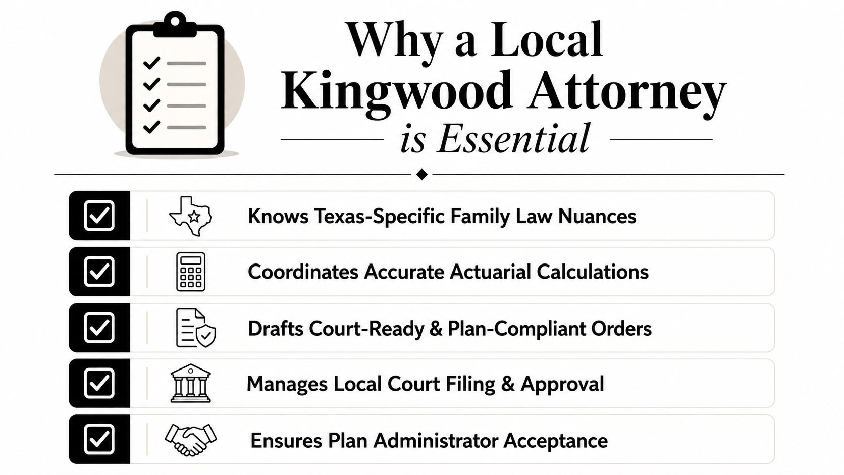 A checklist infographic highlighting five essential benefits of hiring a local family law attorney in Kingwood, Texas.
