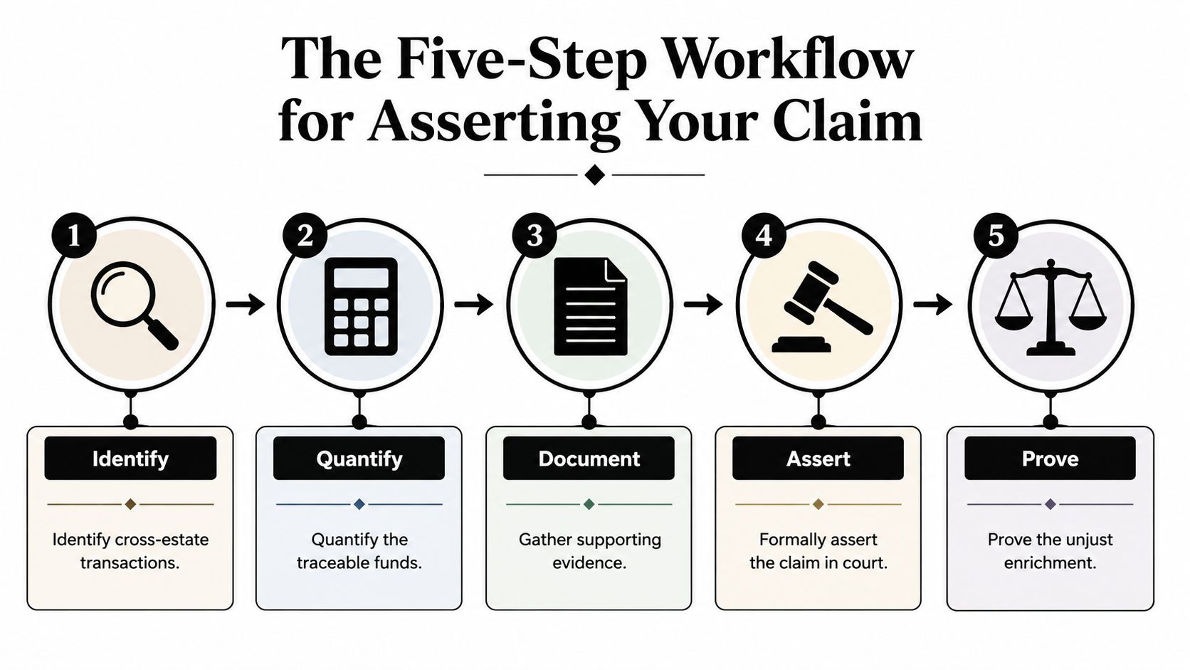 A five-step flowchart illustrating the workflow process for asserting a legal claim for an estate.
