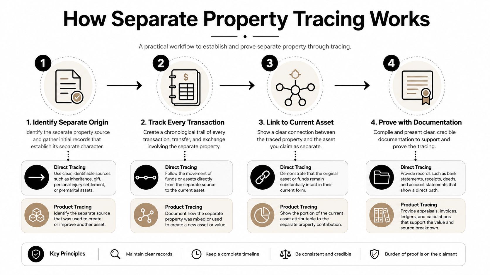 A flowchart detailing four steps to establish and prove separate property tracing during divorce proceedings.