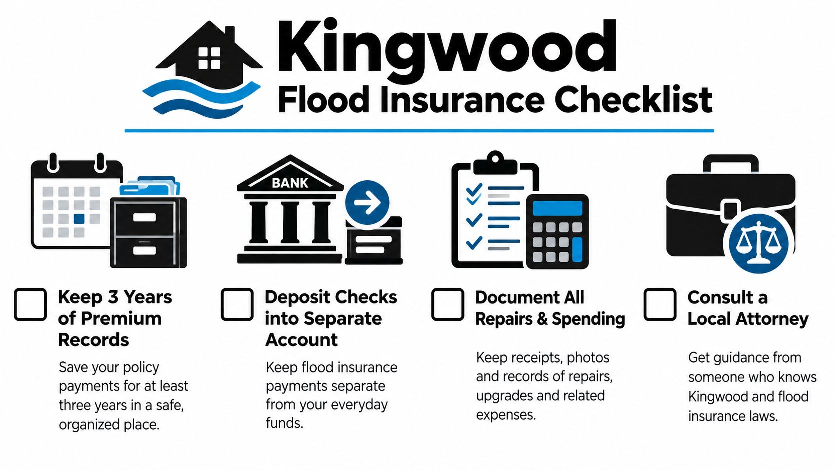 A checklist infographic titled Kingwood Flood Insurance Checklist, outlining four steps for managing flood insurance claims.
