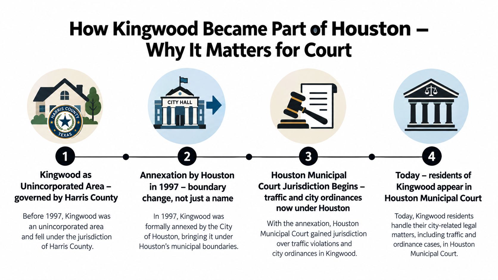 A timeline graphic explaining how Kingwood's 1997 annexation by Houston affected its municipal court jurisdiction.