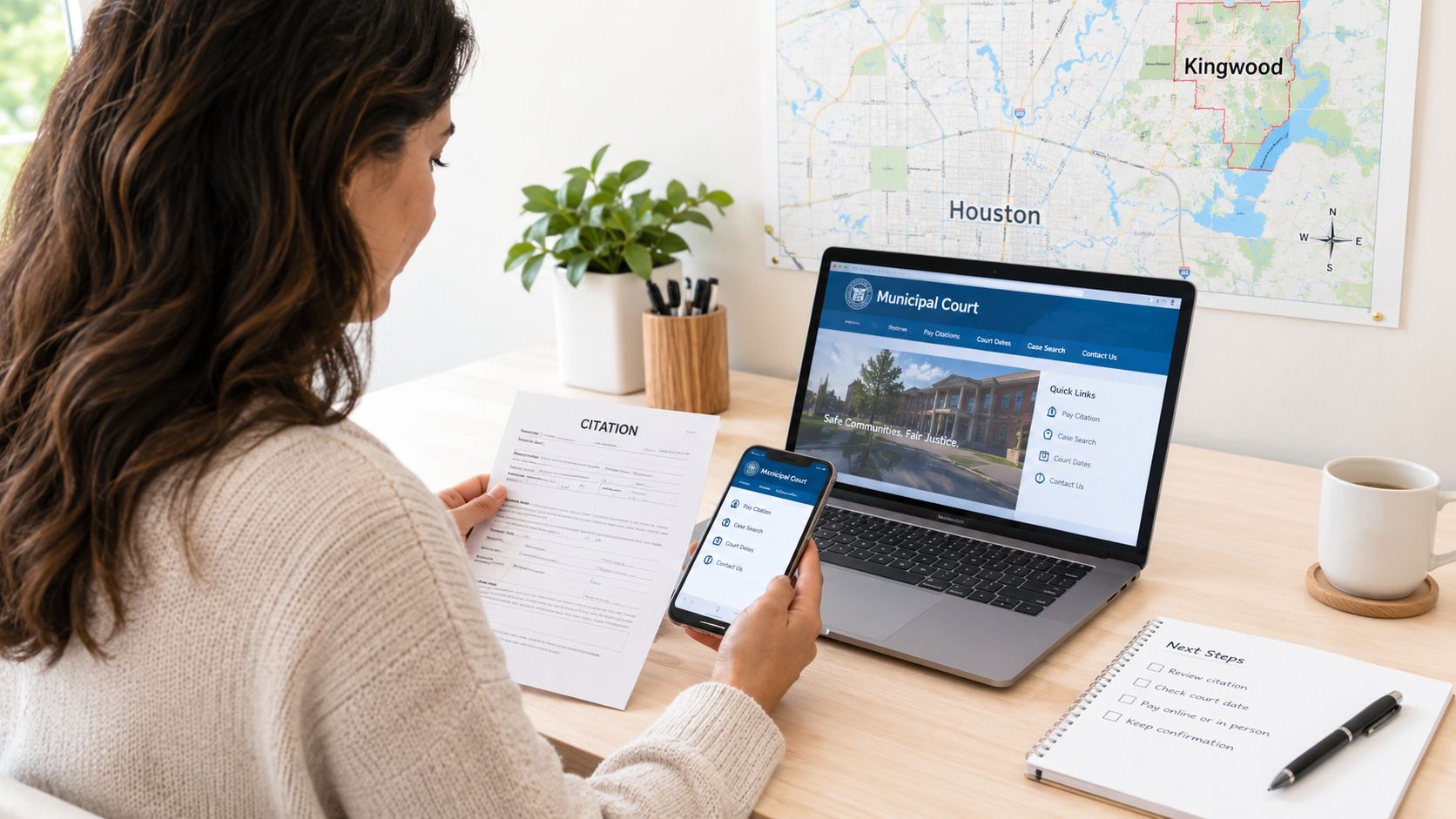 A woman reviewing a legal citation document while using a laptop and smartphone for municipal court tasks.