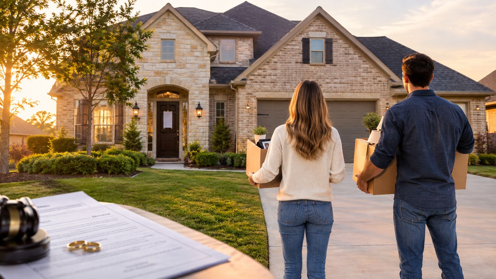A couple standing with moving boxes in front of a house, symbolizing divorce property division.