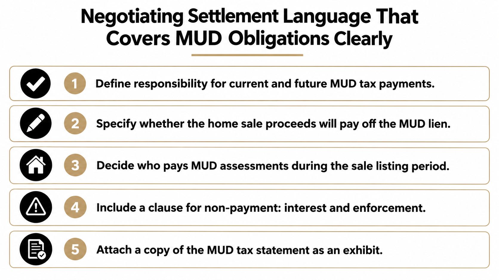 A checklist infographic outlining five essential steps for negotiating clear settlement language regarding MUD tax obligations.