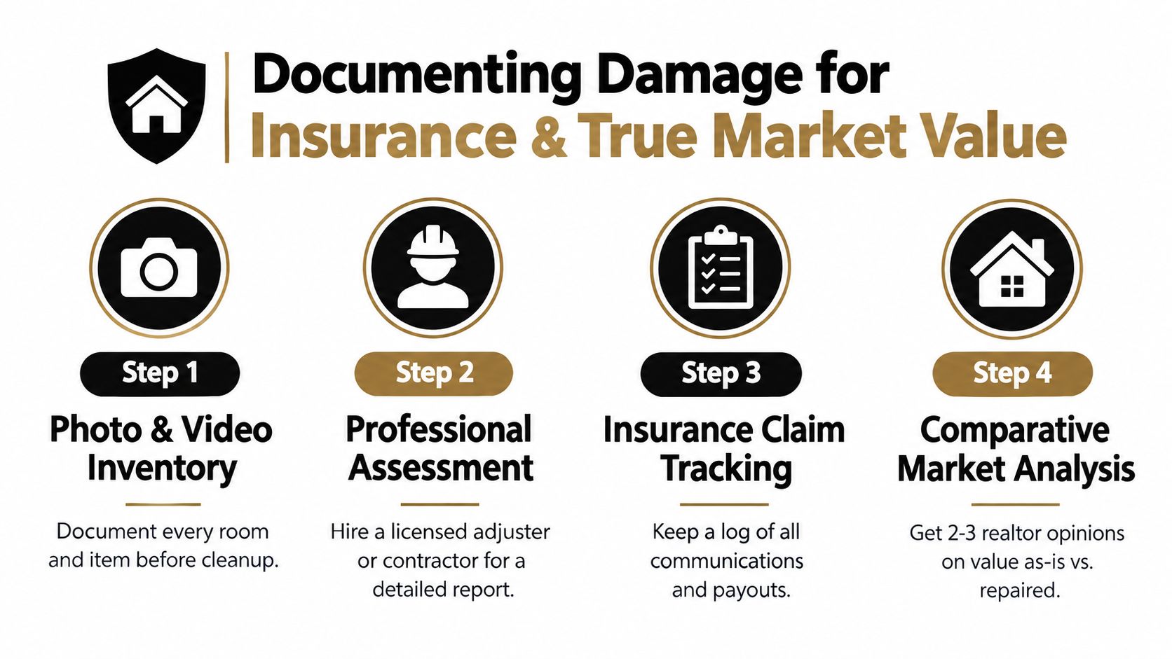 A four-step infographic illustrating the process for documenting property damage for insurance claims and market valuation.