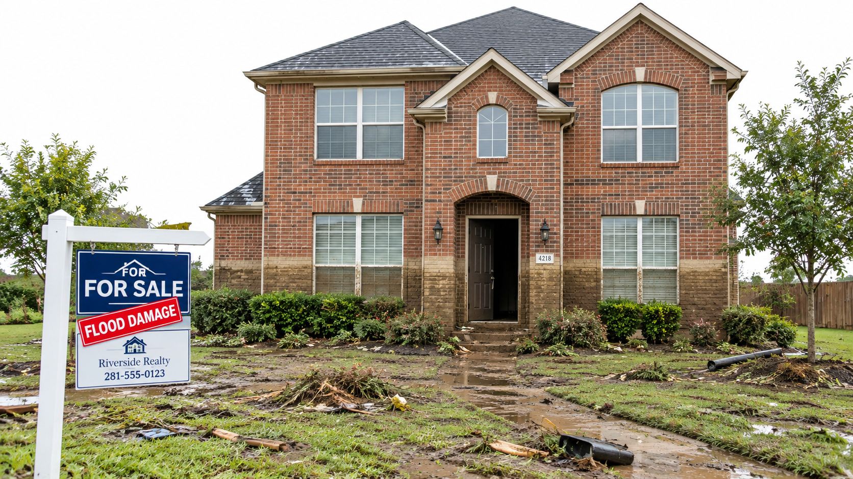 A two-story brick house with a For Sale sign indicating flood damage after a natural disaster.