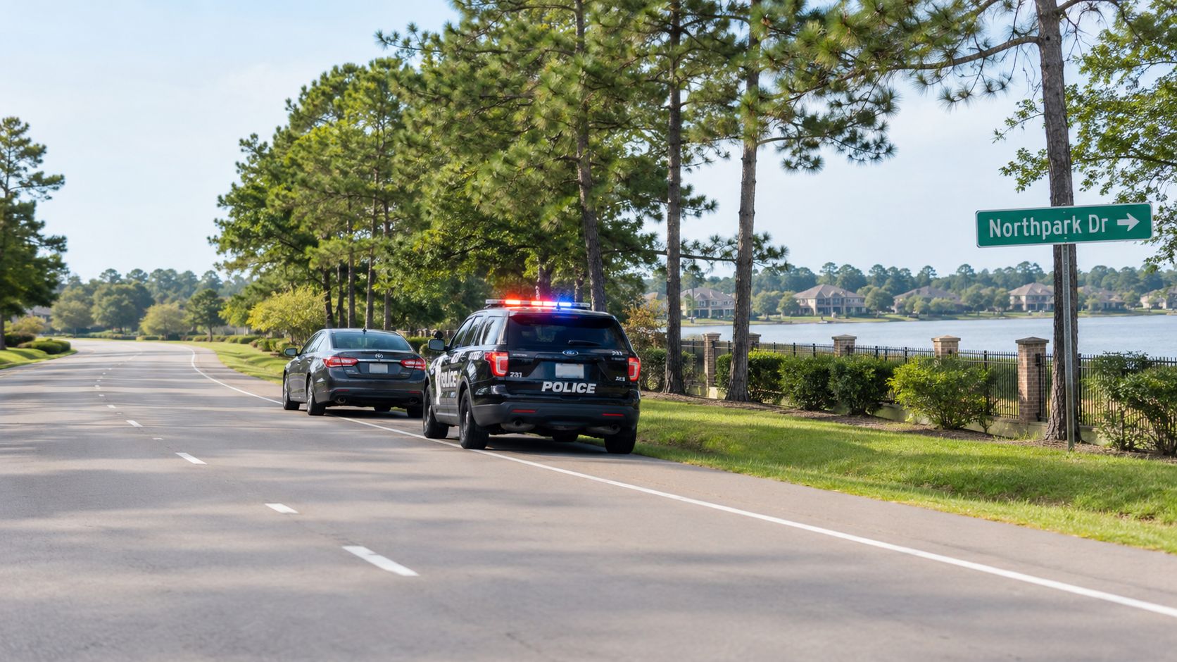 A police vehicle pulled over a dark sedan on a road next to Northpark Drive in Kingwood, Texas.